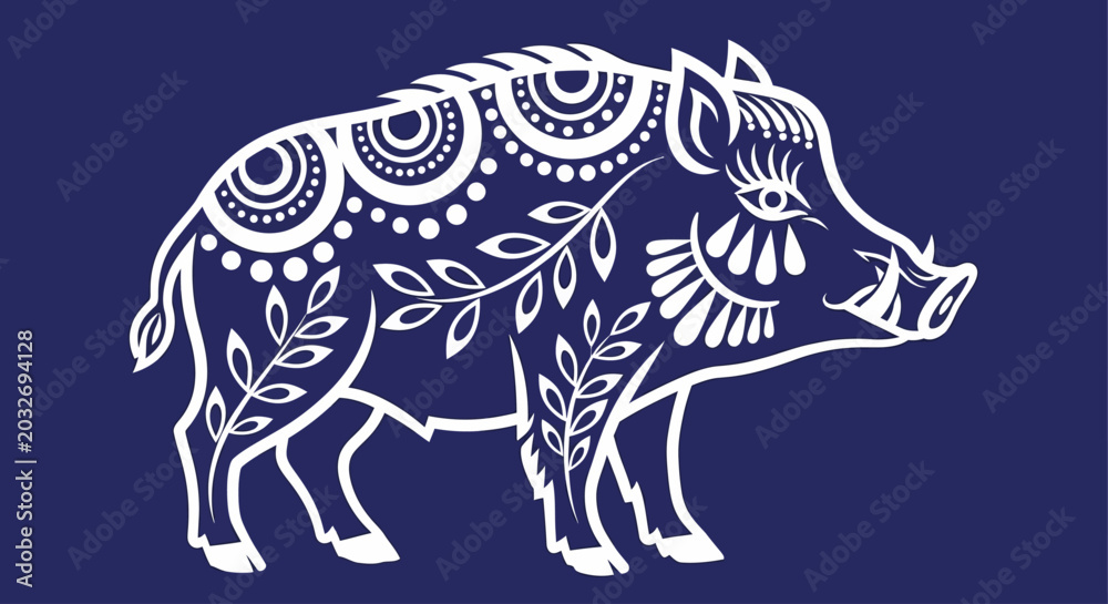 Fototapeta premium Boar, tribal, boar illustration, animal design, white on dark blue background, vector boar, decorative animal, folk art style