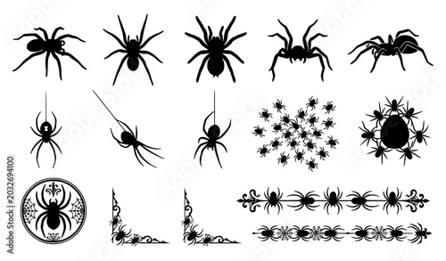 Obraz na płótnie Creepy Spider Silhouette Vector Collection with Gothic Halloween Horror Elements