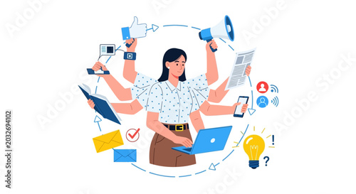 Multitasking businesswoman, modern office workflow, productivity vector icons, colorful illustration, flat design