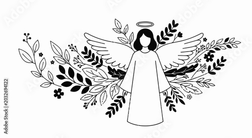 Stylized angel with wings and halo, surrounded by floral elements