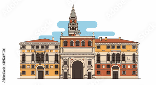 Stylized architectural facade with a prominent central arch and bell tower