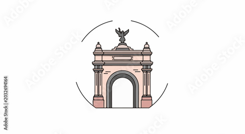 Stylized archway with a winged figure and surrounding abstract shapes