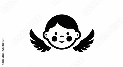 Stylized black and white graphic of a cherubic face with feathered wings