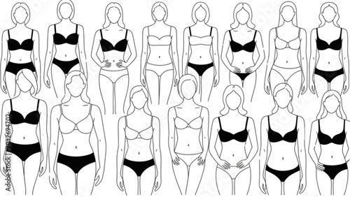 Set of black bikini silhouettes showing different female body shapes and swimwear styles Vector