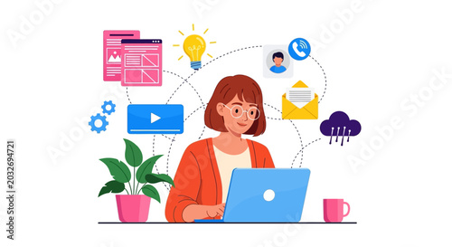 Photography Businesswoman, remote worker, office icons, workflow vector, colorful illustrati