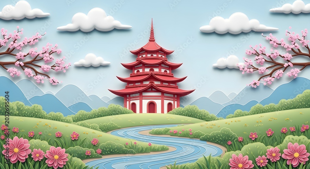 Fototapeta premium Traditional Japanese Pagoda Landscape with Cherry Blossoms and Peaceful Nature Scene