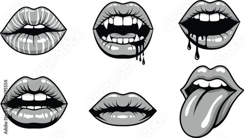 Six stylized black-and-white lip and mouth illustrations featuring glossy lips, vampire fangs, dripping liquid, and expressive tongue