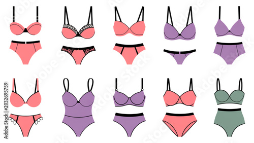 Set of colorful women underwear icons including bras and panties in different styles and shapes Vector