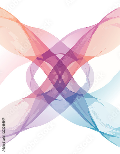 Abstract colorful symmetrical ribbon vector background with translucent intersecting smoke loops forming elegant butterfly inspired artistic composition
