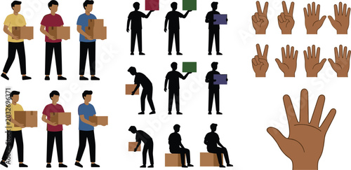 Schilderij op canvas Vector collection of delivery men carrying boxes silhouettes holding signs and h