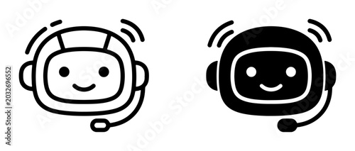 Friendly Robot Head Icons, AI Assistant Chatbot Support Service, Customer Care Bot Vector Graphics