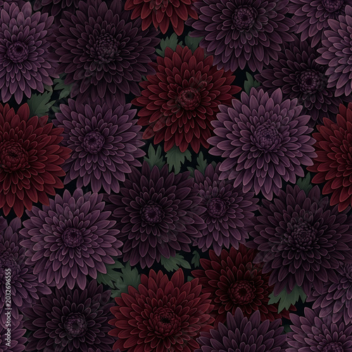 Seamless pattern of deep purple and burgundy dahlias dark floral background with rich textured petals and green leaves opulent and elegant design perfect for textiles.
