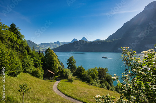 The path to the Rütli meadow in summer with a blue sky, Lake Lucerne with a boat sailing on it, and the Mythen mountain.