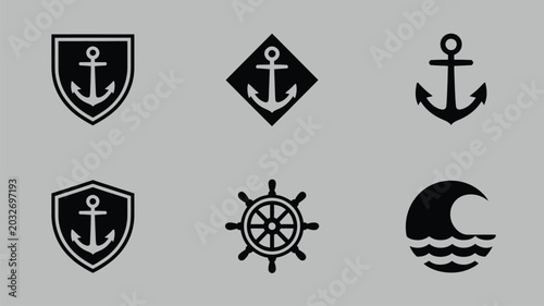 Collection of six nautical anchor and ship wheel icons in black on a grey background design.