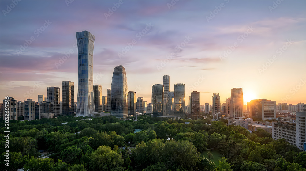 Fototapeta premium Modern beijing cbd skyline with skyscrapers at sunset