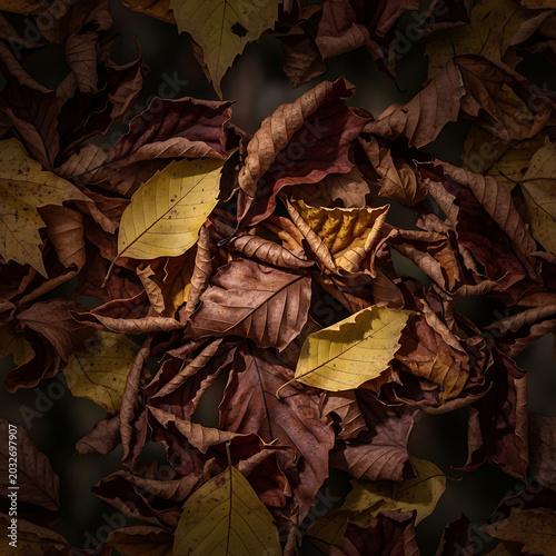 Fallen autumn leaves create a rich and textured seamless pattern on dark ground with warm brown and vibrant yellow tones.