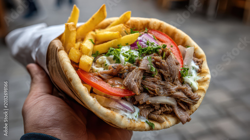 delicious greek gyros pita with shaved pork and tzatziki sauce