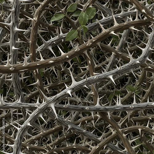 Dense seamless pattern of tangled brown thorns and sharp branches with sparse green leaves realistic texture for defensive barrier or nature concept.