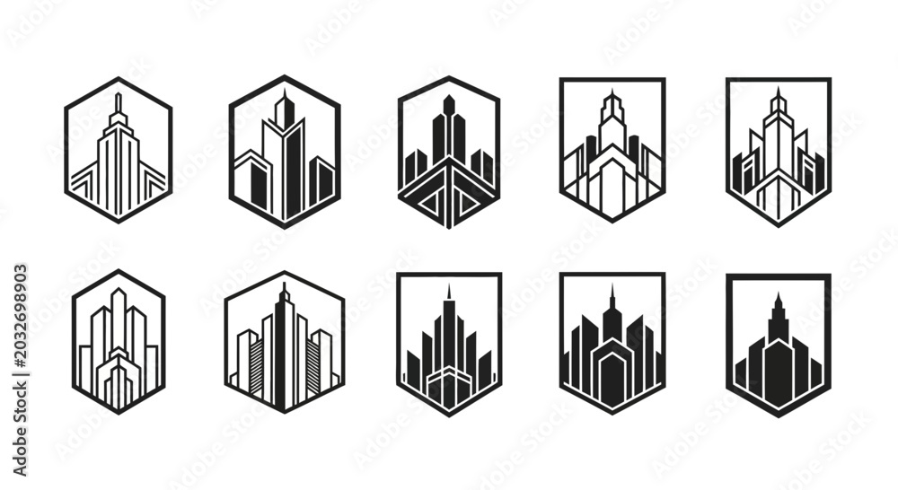 Naklejka premium Abstract city skyline icons set vector illustrations in geometric shapes
