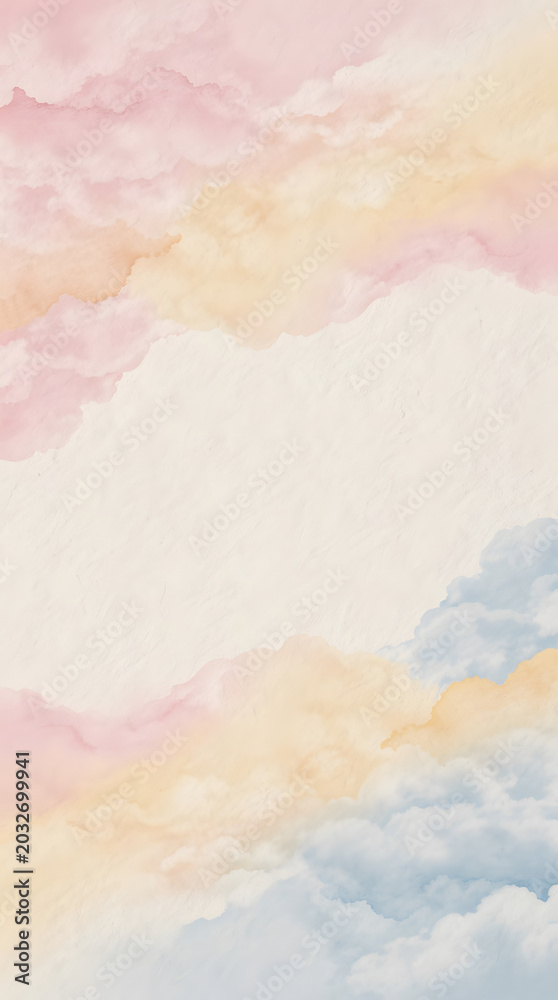 Obraz premium Abstract layered watercolor clouds with soft translucent pastel pink peach yellow and blue tones