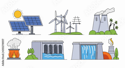 Various renewable and non-renewable energy generation facilities depicted