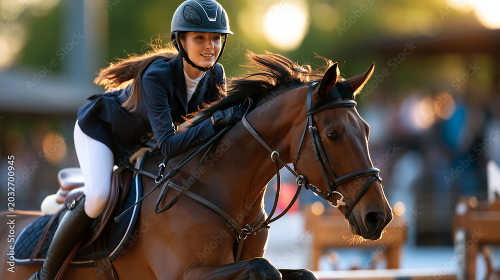 Obraz premium Young woman horseback riding jumping over hurdle on showjumping course, equestrian sports event competition, athletic performance, obstacle jump, professional riding, outdoor