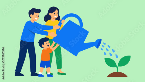 фотографія A loving family nurtures a young plant, symbolizing care, growth, and environmen
