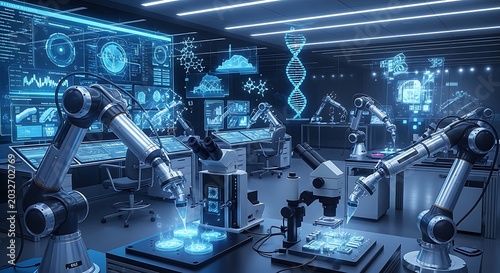 Advanced robotic arms collaborate in a high-tech facility filled with holographic data visualizations.