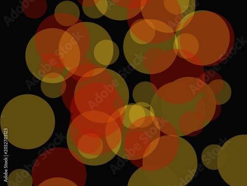 Obraz na plátně Abstract image featuring overlapping, semi-transparent circles in shades of orange, red, and olive green on a black background