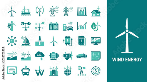 Foto Collection of Renewable Energy and Green Technology Icons, Wind Turbine and Sust