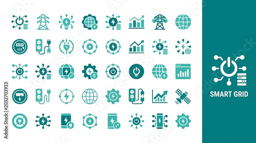 Smart grid technology icons representing energy efficiency, renewable power, and connectivity