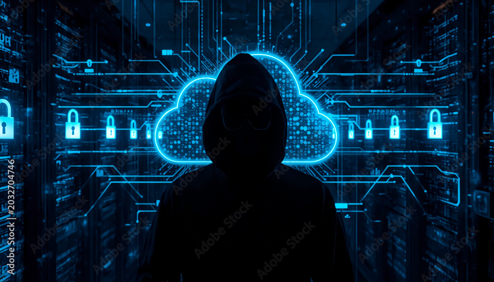 Obraz premium Cloud security and data protection concept with hacker silhouette