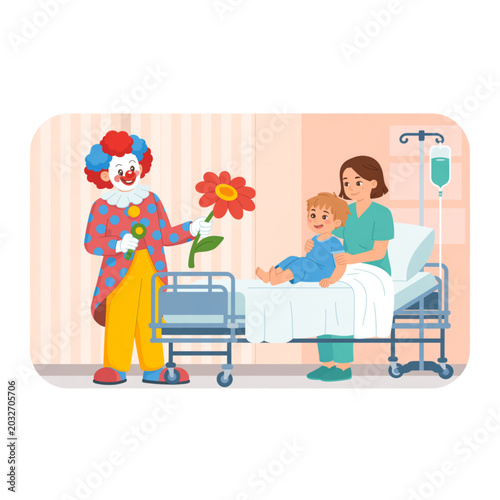 Foto Vector illustration of a funny clown entertaining a sick child, nurse in hospita