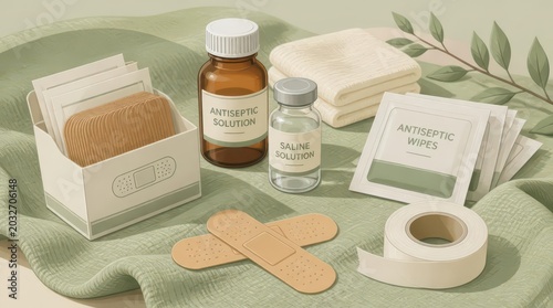Meticulously curated home healthcare supplies, featuring antiseptic solution, saline bottles, and various medical essentials arranged for organized care in a clean and aesthetic medical setting.