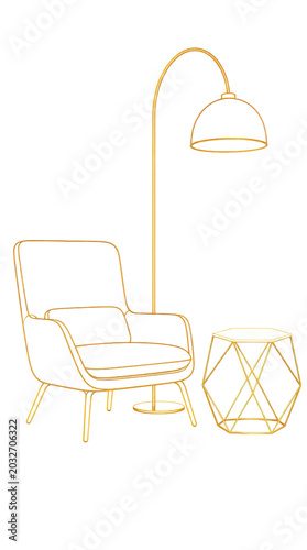 Minimalist precision rendered furniture line icons featuring an elegant lounge chair, floor lamp and geometric side table isolated on a clean white background for modern interior design projects.