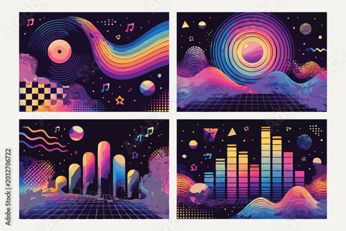 Abstract Music Poster Set with Colorful Geometric Patterns, Halftone Gradients, and Retro Synthwave Vector Backgrounds Featuring Vinyl Records, Equalizer Bars, and Neon 80s Aesthetic Designs.