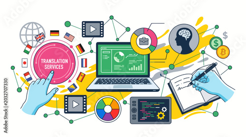 Photos Digital translation services and professional localization workflow illustration