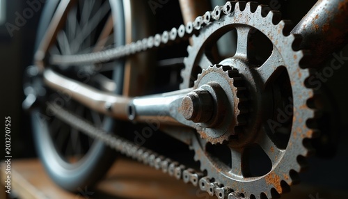 Close view of old rusty bicycle gears and chain. Metal mechanical parts show wear and tear. This part of the bike is on a wooden surface. Focus is sharp on metal.