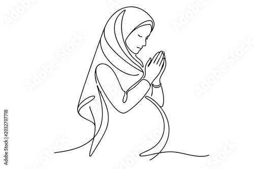 Continuous Line Drawing of a Pregnant Muslim Woman Wearing a Hijab and Praying, Minimalist Line Art of Expectant Mother in Islamic Prayer Pose for Motherhood, Spirituality, and Faith Illustration
