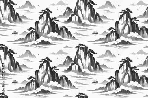 Seamless Vector Pattern of Traditional Japanese and Chinese Ink Wash Landscape with Majestic Mountain Cliffs, Pine Trees, Small Boats, and Flying Birds in a Minimalist Monochrome Design