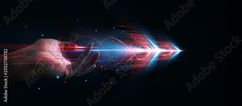Tableau sur toile Abstract data network with glowing colorful light rays and forwa