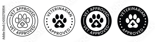 Fotografía veterinarian approved stamps with paw prints black and white circular emblems