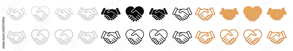 Obraz premium Heart Handshake Vector Icon Set, diverse hands forming heart shapes, symbolizing unity, partnership, and love in various skin tones, ideal for social issues and relationship designs