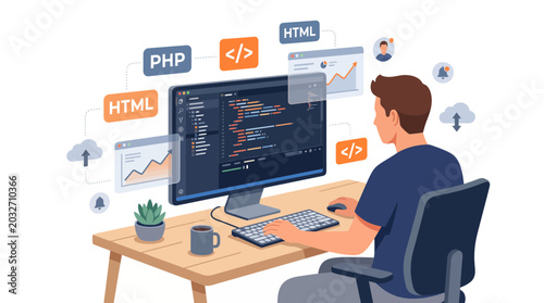 Photos A male software developer working on code at his desk with digital icons floating around
