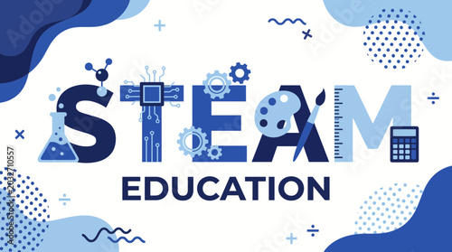 STEAM Education conceptual graphic with scientific and artistic icons.