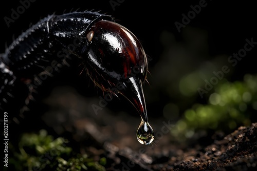 Dark scorpion stinger with a shiny clear droplet of venom on a mossy ground. Great for medical journals on antivenom, science blogs, pest control ads, and wildlife books.