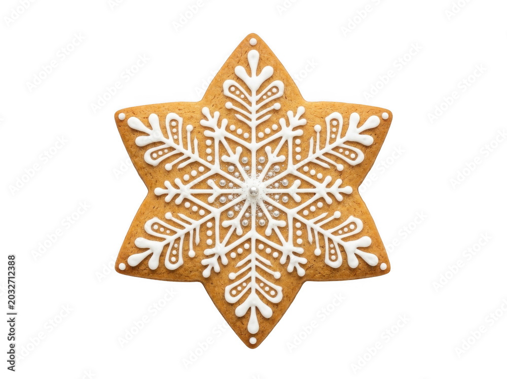 Obraz premium Star-shaped gingerbread cookie decorated with intricate white icing snowflake pattern and small silver sugar pearls on a black background