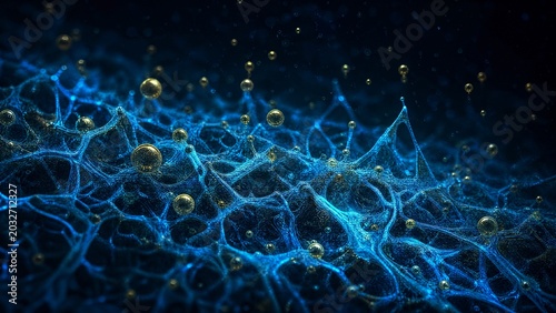 A macro view of an underwater microbial mat as a glowing, electric-blue mycelial network.