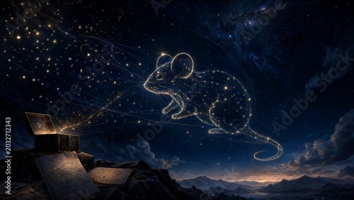 Mouse-shaped constellation reforming from scattered stars, illustrating memory reconstruction.