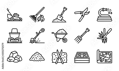 Tableau sur toile Gardening Tools Vector Icons Set: Lawn Mower, Rake, Shovel, Pruners, Hose, Tille